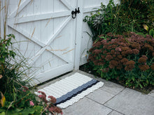 Load image into Gallery viewer, Pearl with Glacier Bay + Navy Stripes Doormat
